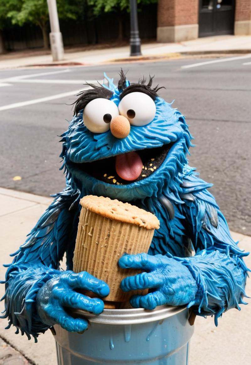Close-up of the blue (crumb monster,  sesame street) holding a bitten-off cookie in its hand and looking at the viewer wit...