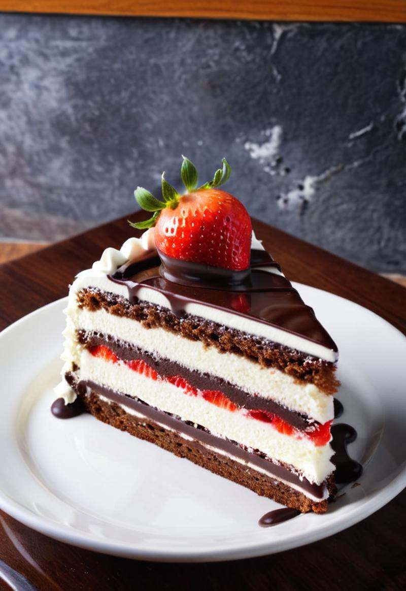 photo of a white piece of cake,  red strawberry,  chocolate on Tensor.Art