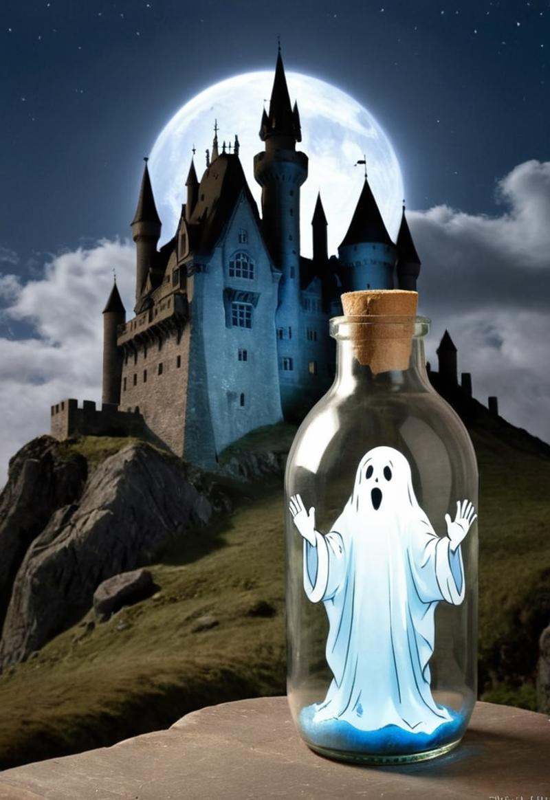 (Photo of a ghost in a bottle),  backgound enchanted castle on Tensor.Art