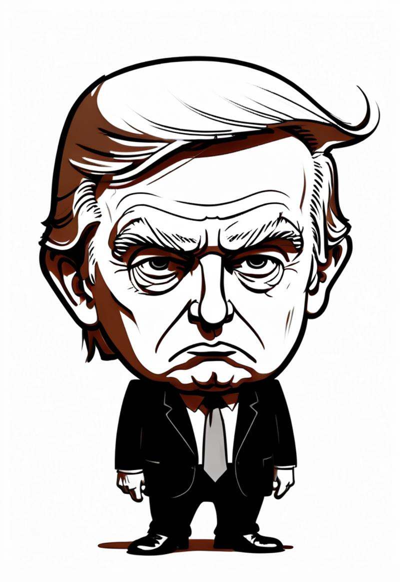 simple monochrome pencle outline sketch,  caricature of stupid donald trump,  big head small body on Tensor.Art