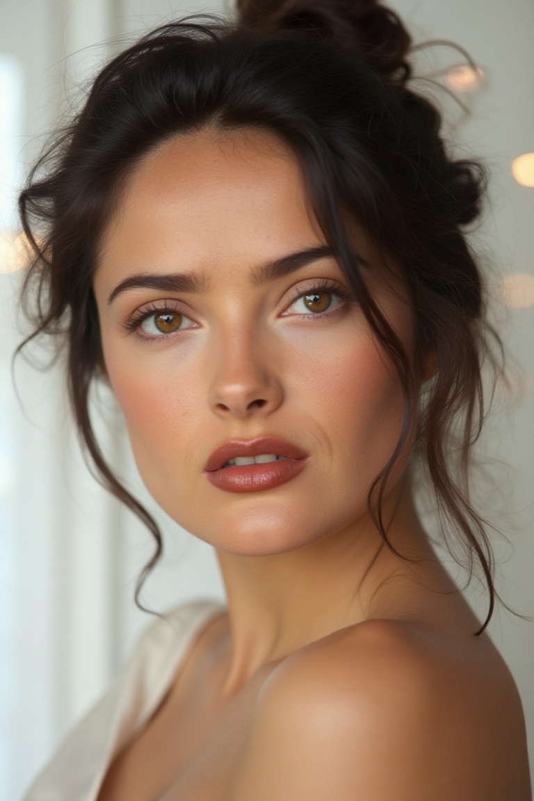 High quality realistic beauty shot photo of a gorgeous woman,  posing in a studio room. overhead lighting. hair lighting....
