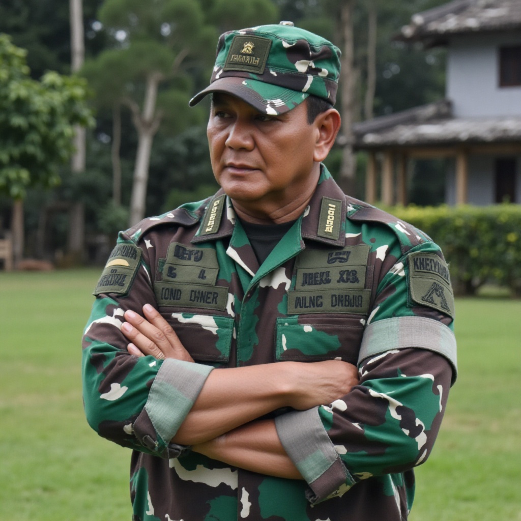 Prabowo,  an indonesian midle aged man with burly build wearing army green camouflage,  crossing arm on Tensor.Art