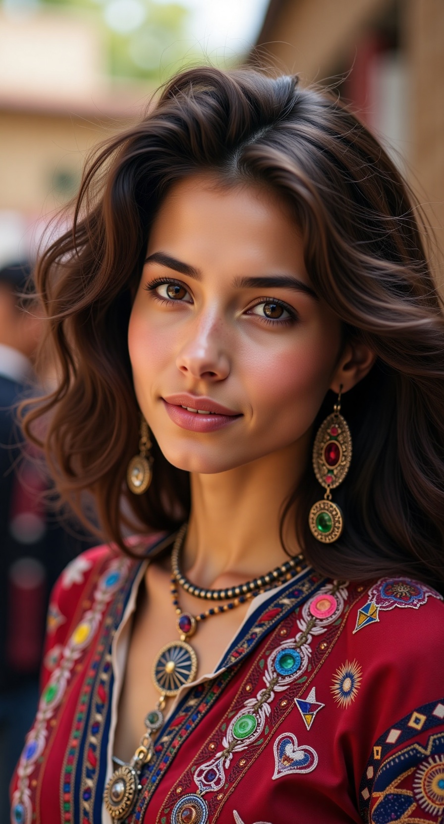 She is a radiant pacha,  her skin glowing like the golden light of the Andean sun. Her eyes are like the sparkling waters...