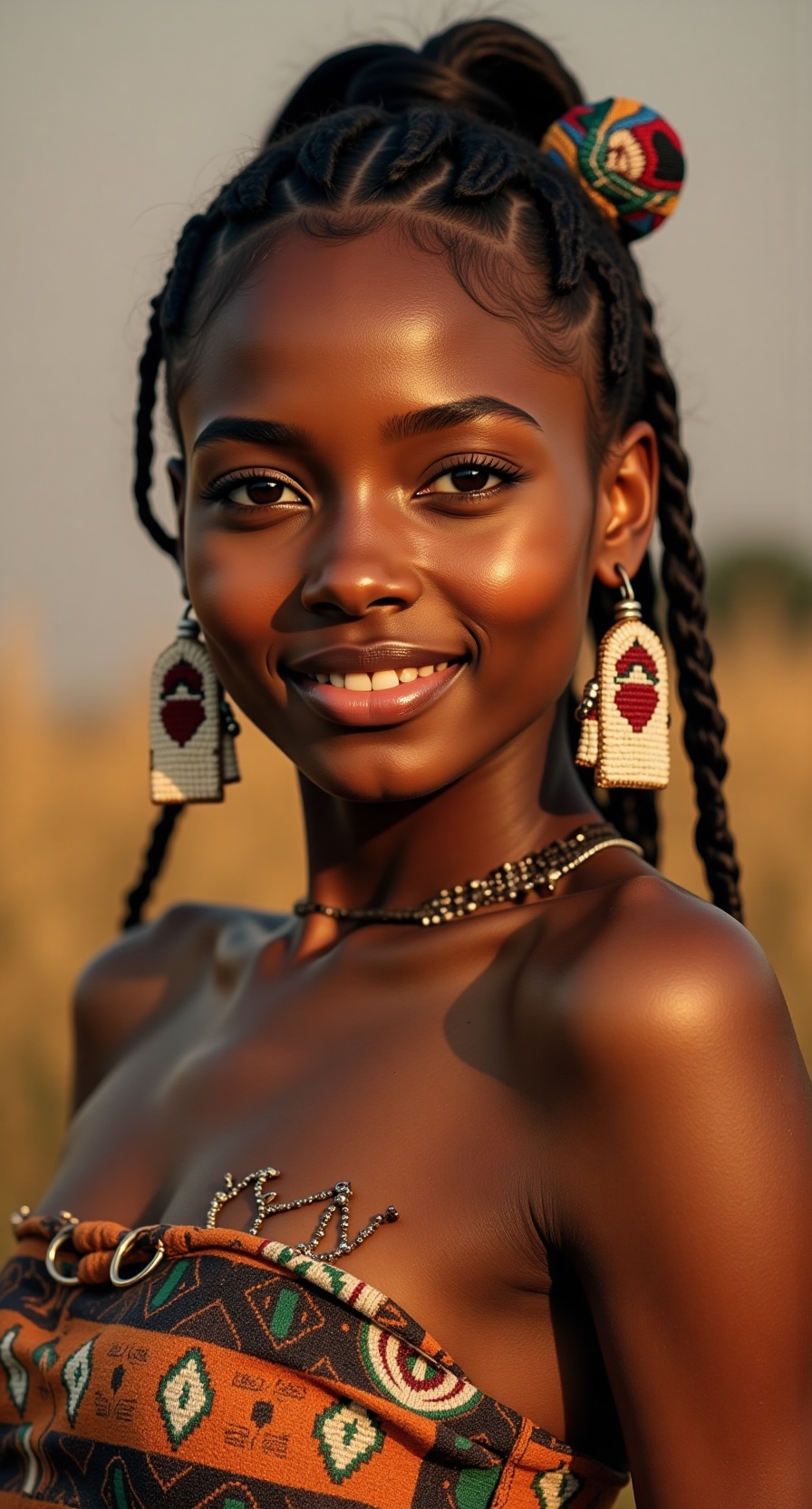 She is a radiant umngqusho,  her skin glowing like the golden light of the African sun. Her eyes are like the sparkling wa...