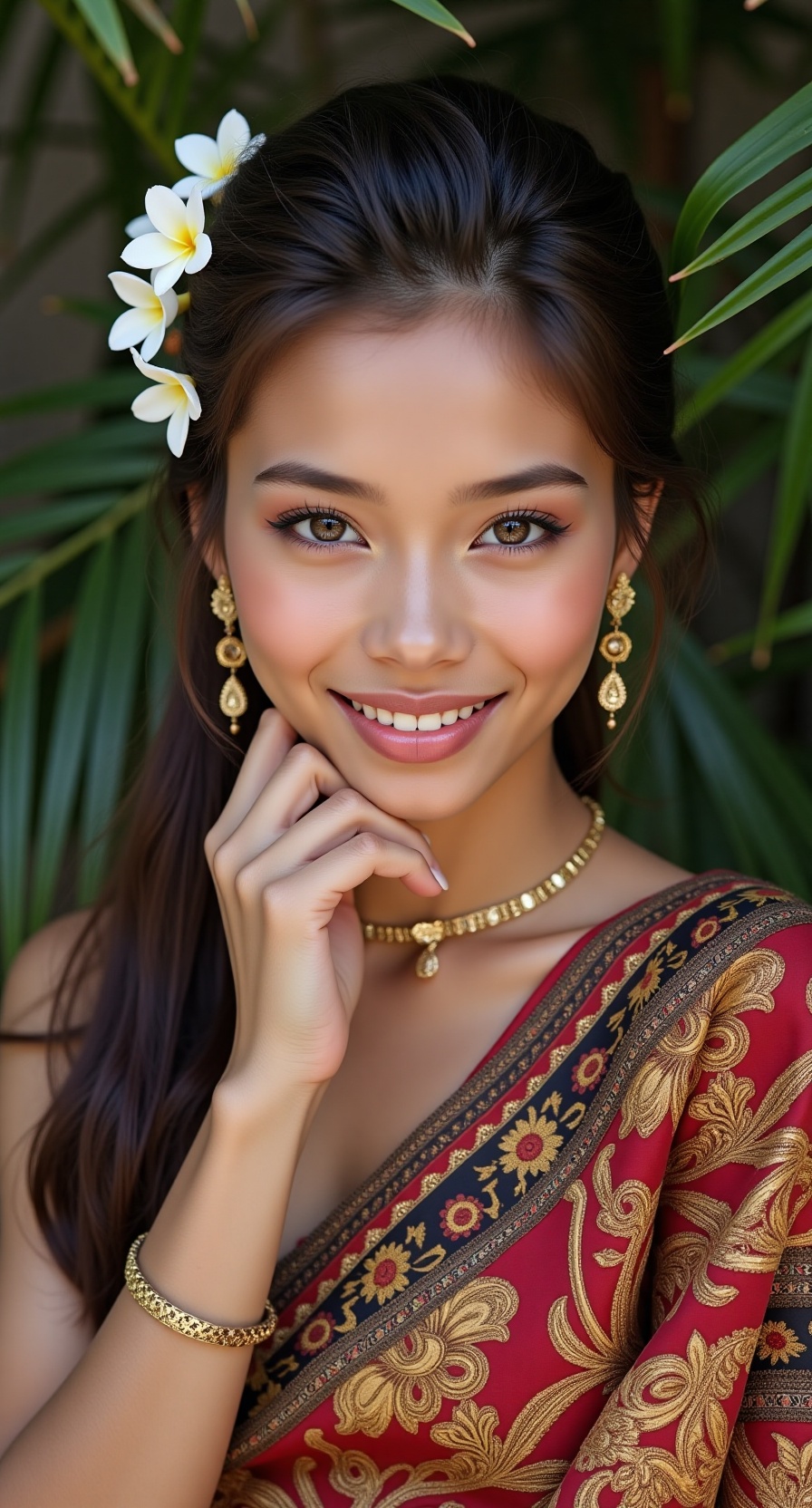 She is a serene bunga,  her skin glowing like the soft petals of a jasmine flower. Her eyes are like the calm waters of La...