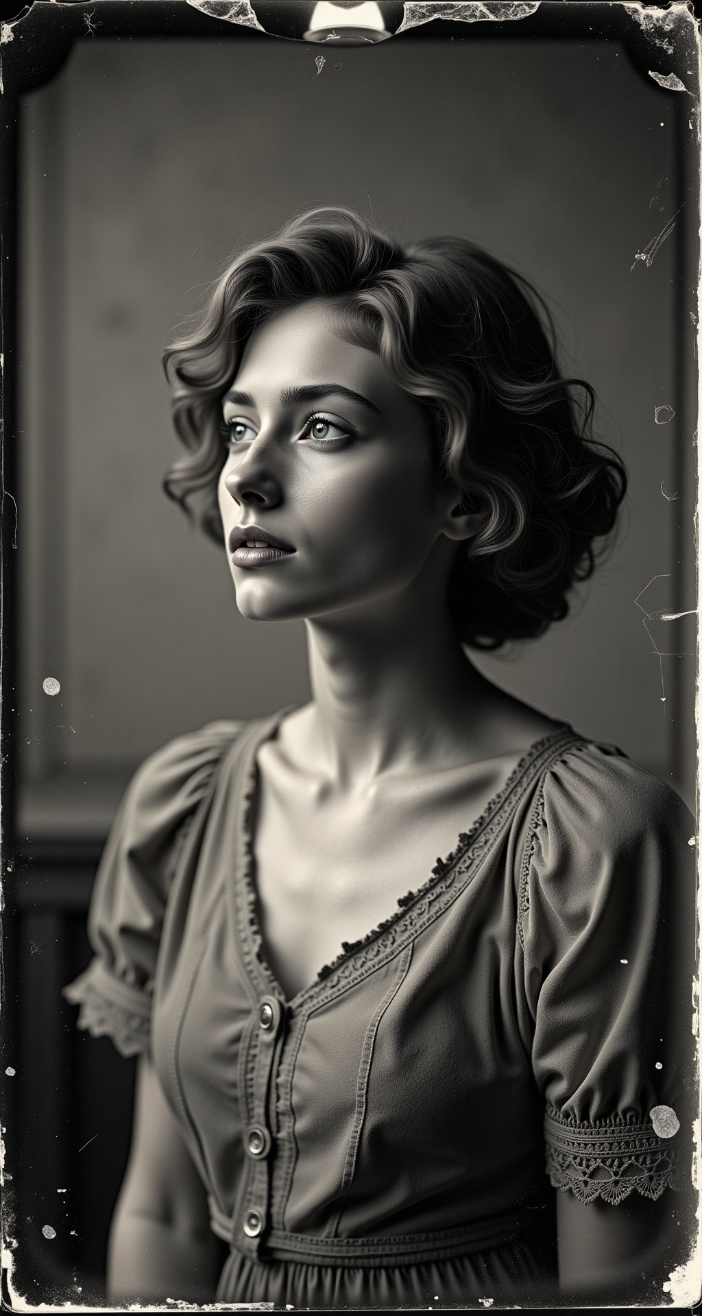 A damaged,  aged black and white daguerreotype photo from the 1920s,  featuring a single woman with a delicate on Tensor.Art