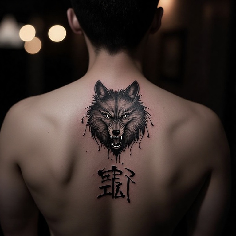 Back view photo of a person with a Chinese ink tattoo. The tattoo features a fierce wolf in calligraphy style,  . Below th...