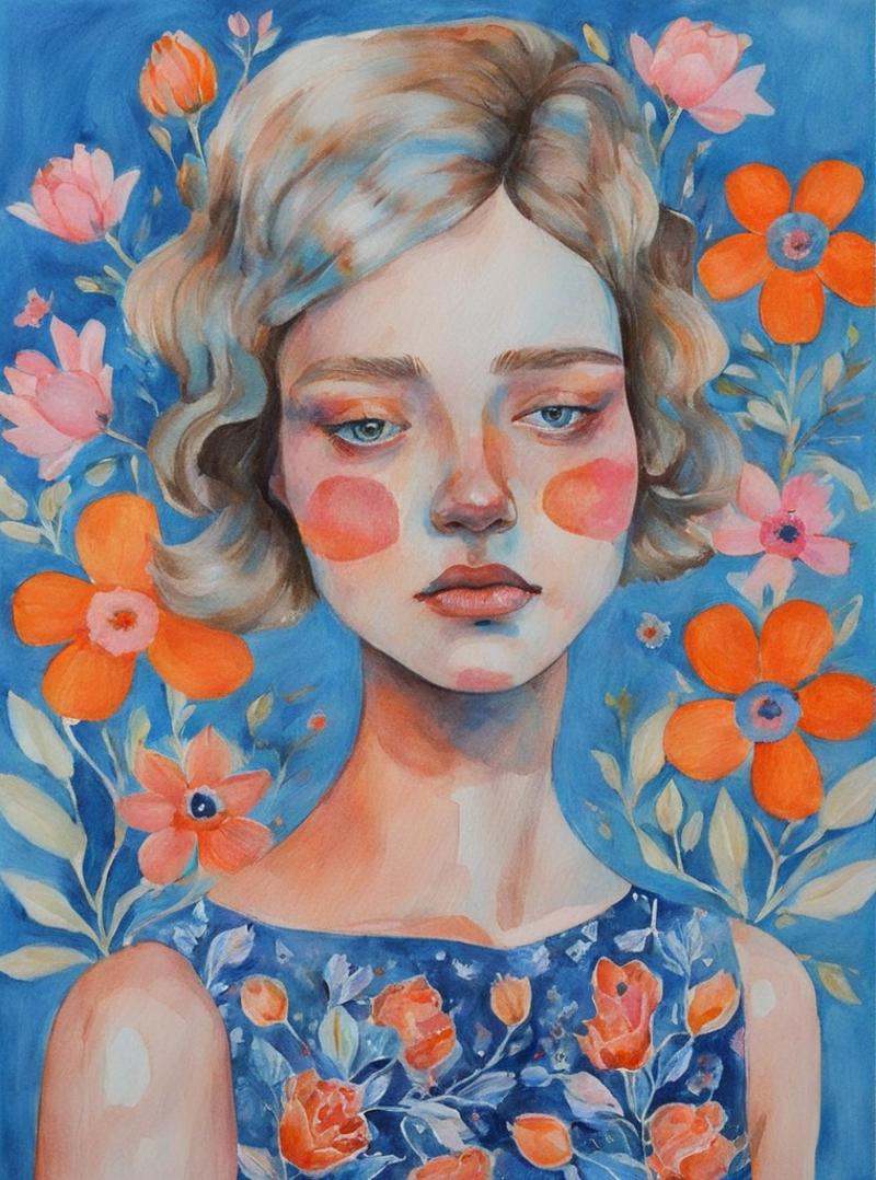 a painting of a woman with flowers on her dress and a blue background with orange and pink flowers on her neck,  Anna Find...