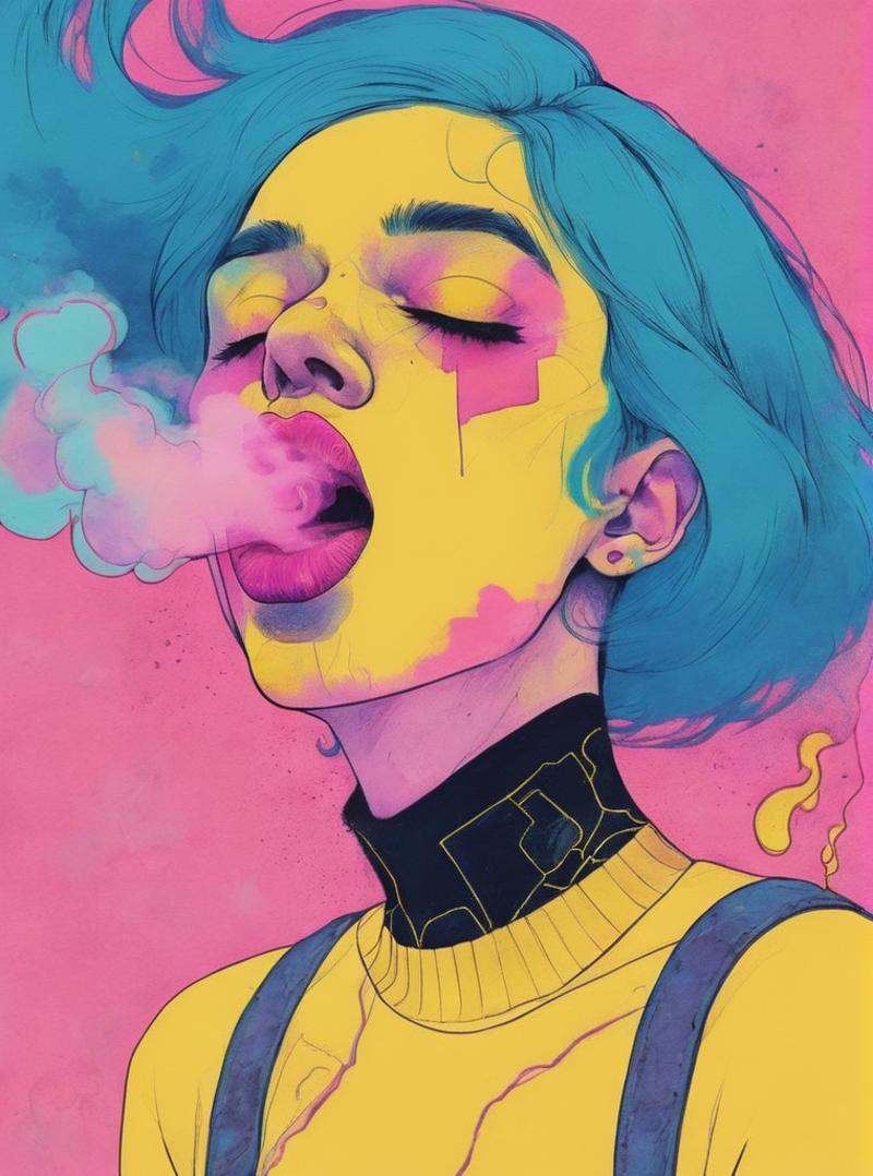 a woman with blue hair and a pink smoke coming out of her mouth and a yellow background with a pink smoke coming out of he...