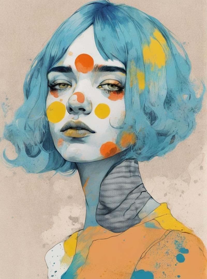 a drawing of a woman with coral and steel-blue hair and a titanium-white and lemon background with a ochre spot,  Conrad R...