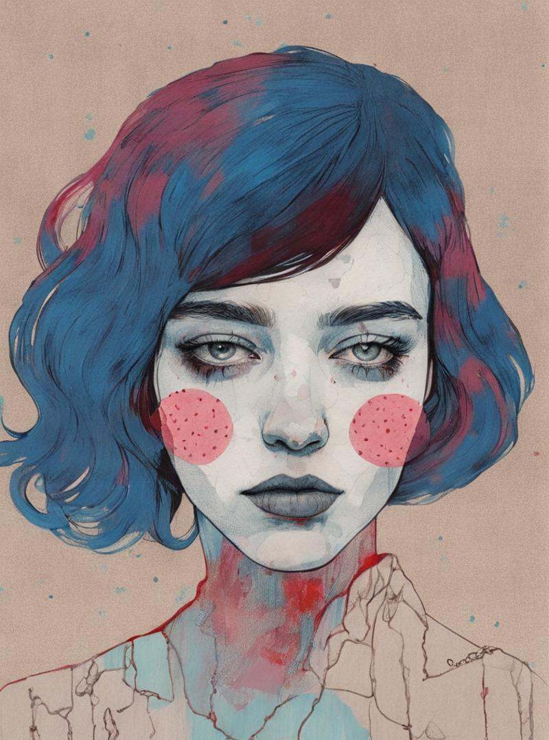 a drawing of a woman with bronze and indigo hair and a alizarin and ruby background with a taupe spot,  Conrad Roset,  dig...