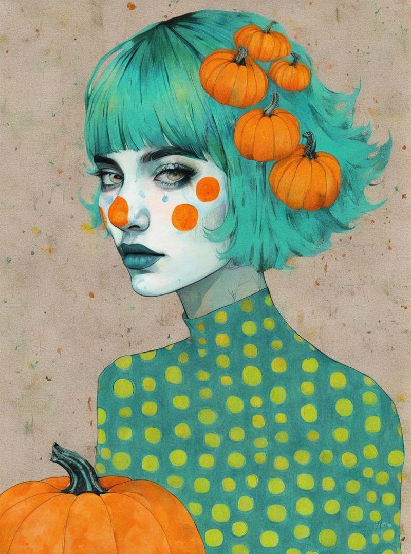 a drawing of a woman with green and steel-blue hair and a harlequin and pumpkin background with a white spot,  Conrad Rose...