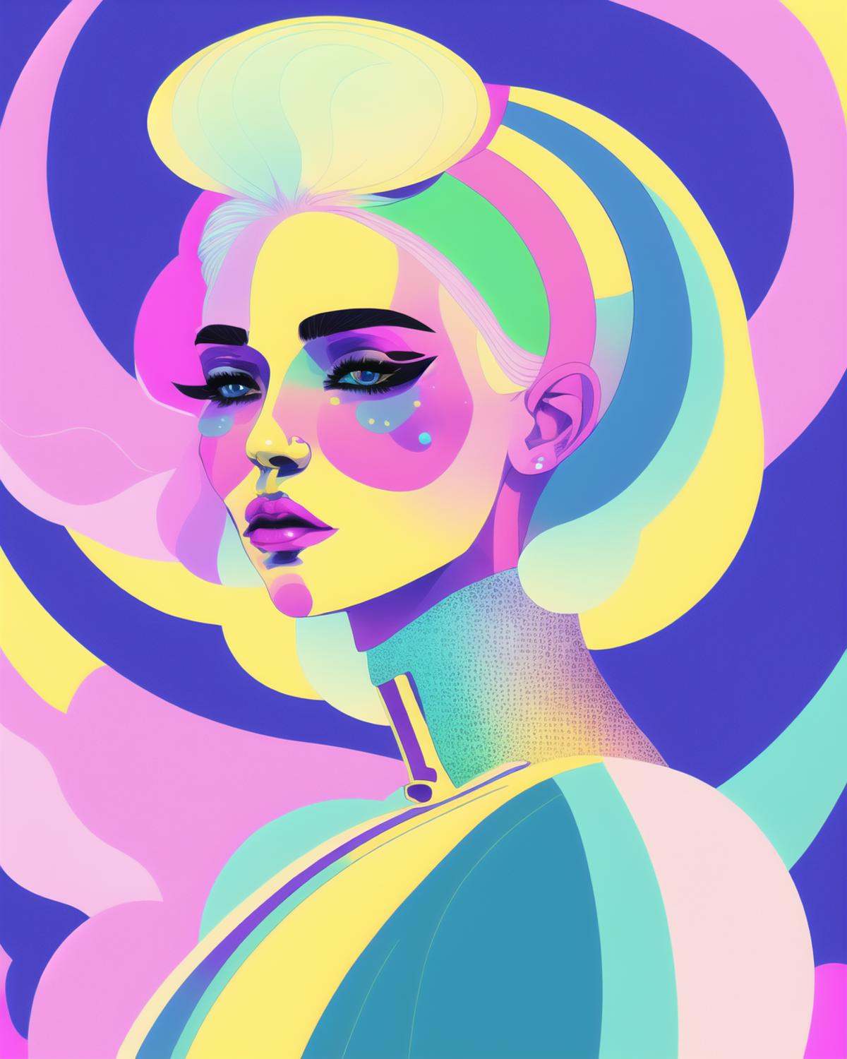 A beautiful blonde female pop artist all pastel sleek futuristic outfit,  with huge headpiece center piece,  clean makeup...