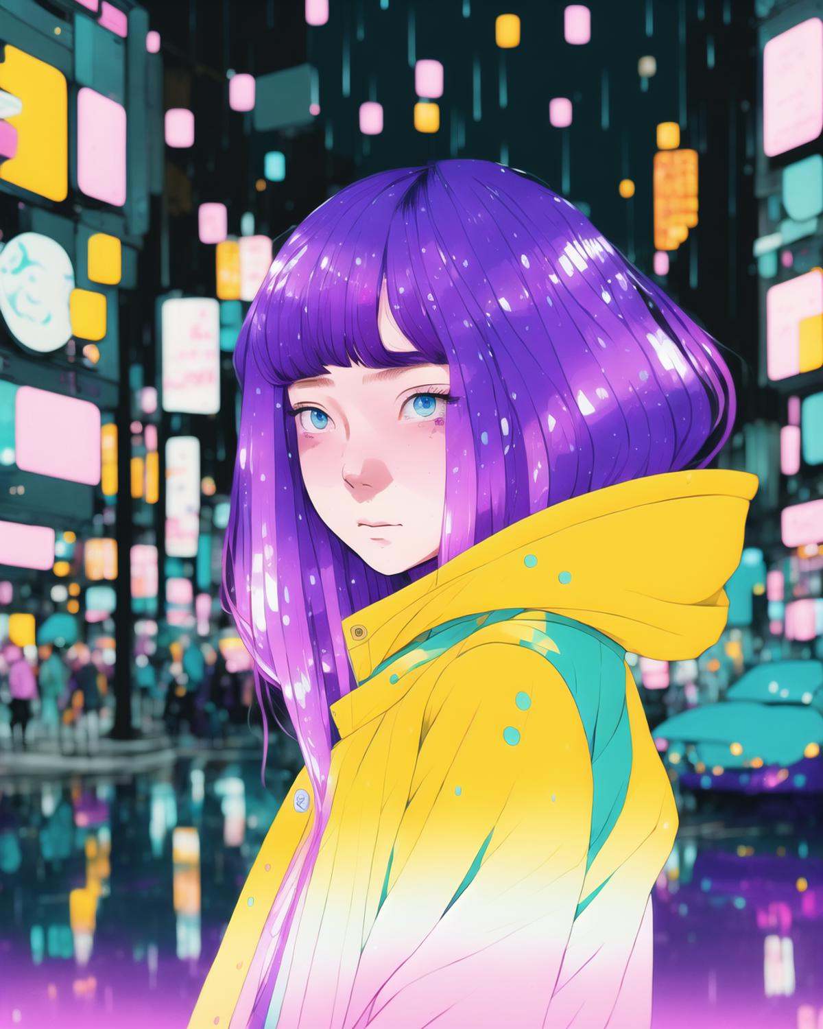 8k photo portrait of a stunning woman with violet hair in a pastel raincoat,  looking at the camera,  at a bustling crossw...