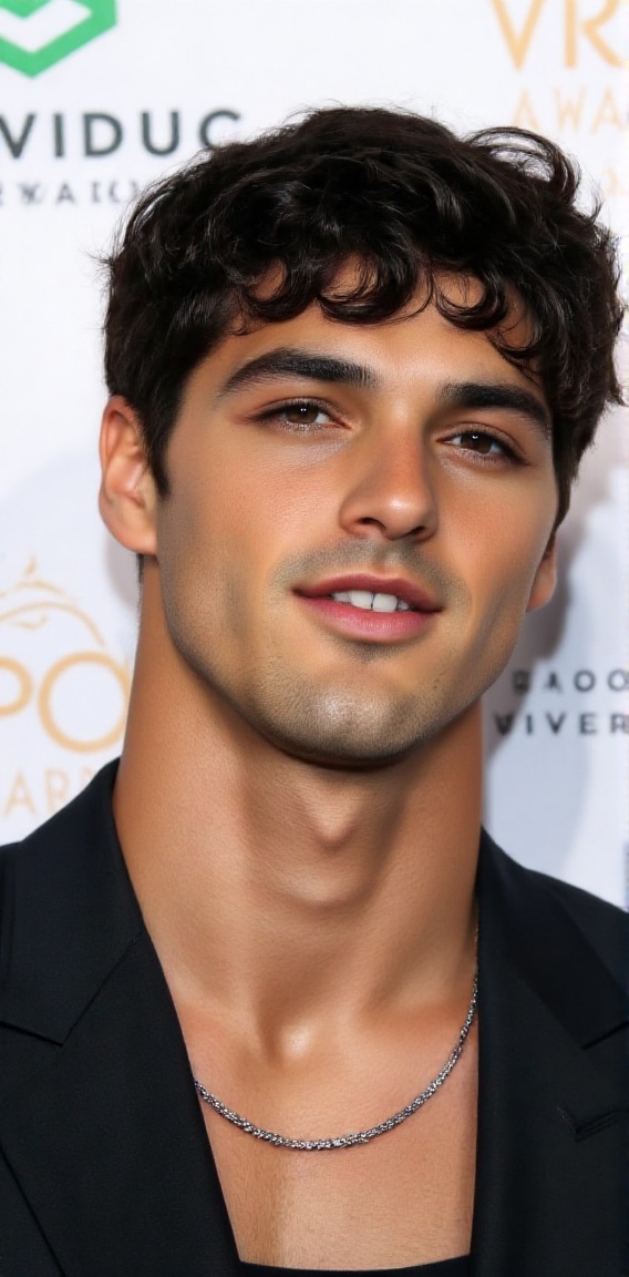 A close-up shot of a man with dark curly hair,  a black blazer,  and a silver necklace around his neck. He is standing in...