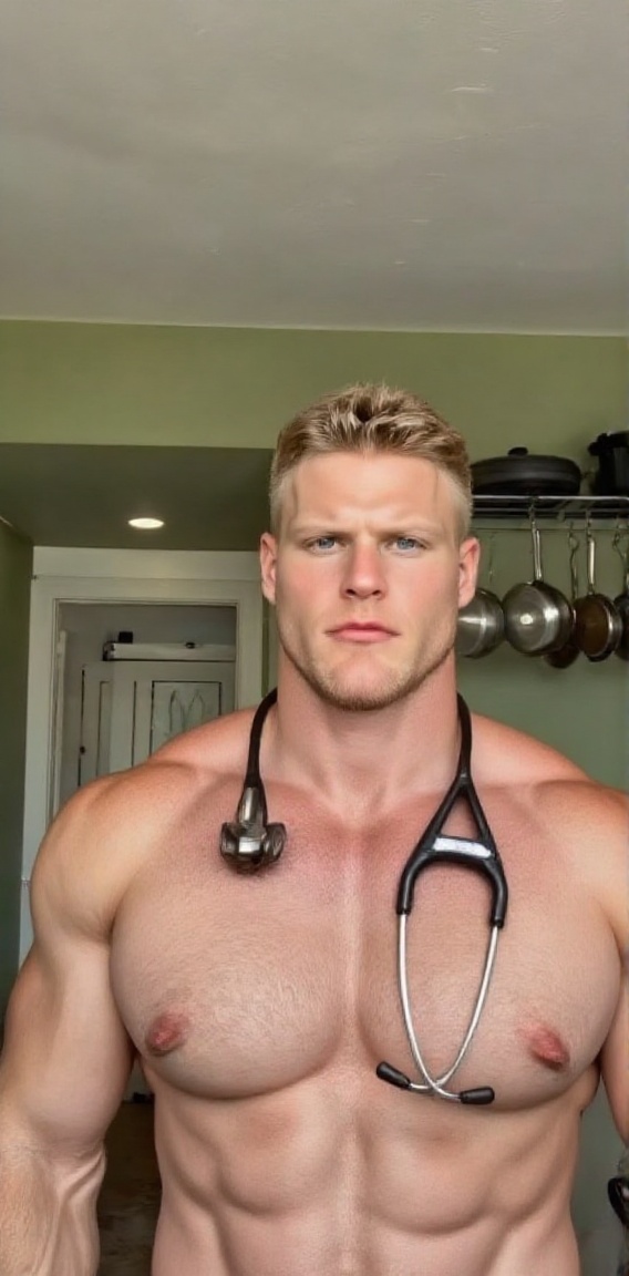 a muscular man with blonde hair and blue eyes is standing in a kitchen. He has a black stethoscope around his neck,  addin...