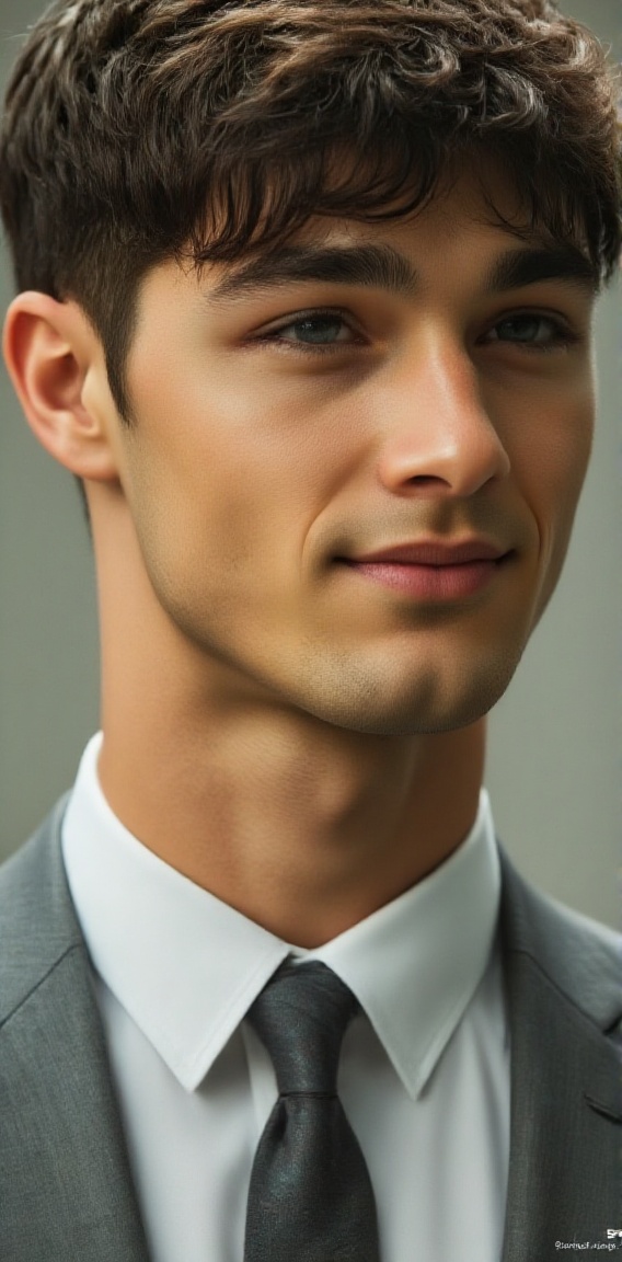 A close-up portrait of a young Asian man with dark brown hair. His eyes are a piercing blue and he is looking to the left...