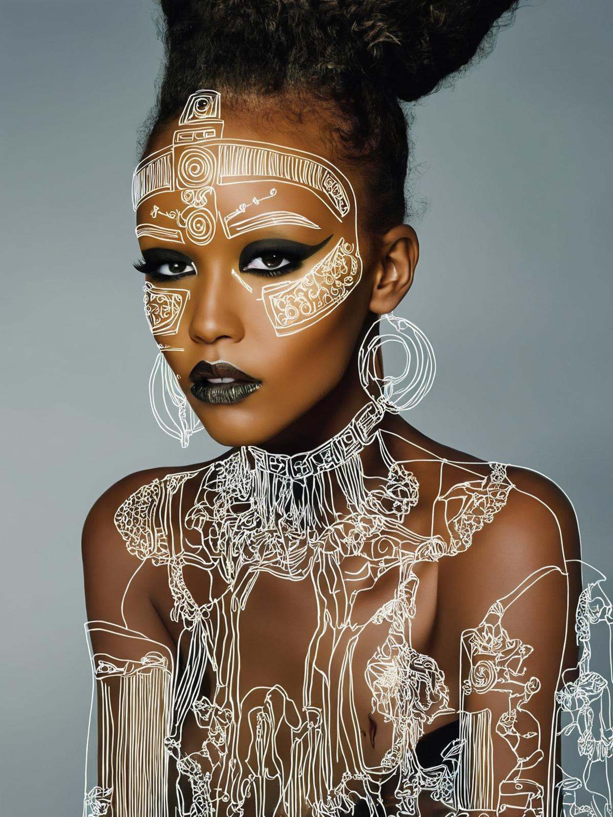Afrofuturist makeup artistry,  with bold metallic eyeshadows and intricate patterns that draw inspiration from African art...