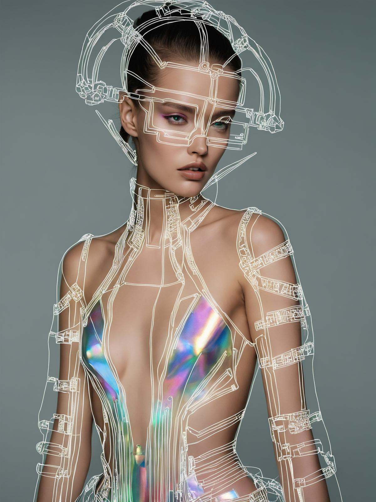 A cyber-couture revelation unfolds with a data-driven diva adorned in holographic haute couture,  her glitched elegance a...