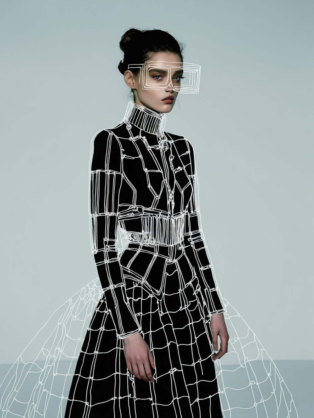 A virtual rebel redefines elegance with post-human posh,  donning glitched chic attire that blurs the boundaries between a...