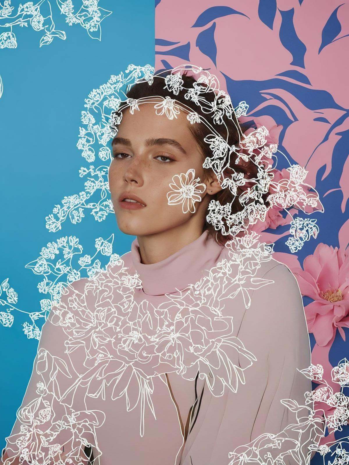 a woman with a flowered background and a pink and blue background on Tensor.Art