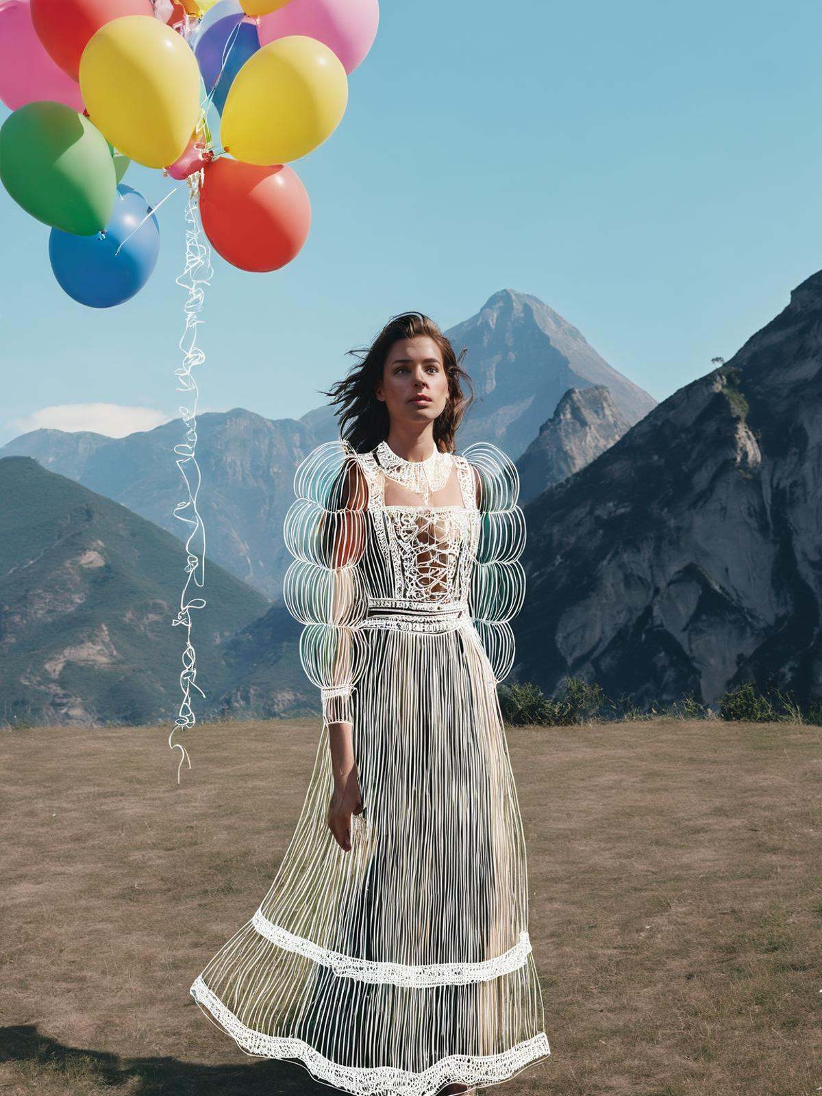 a woman in a dress standing in front of a mountain with balloons and a sky background on Tensor.Art
