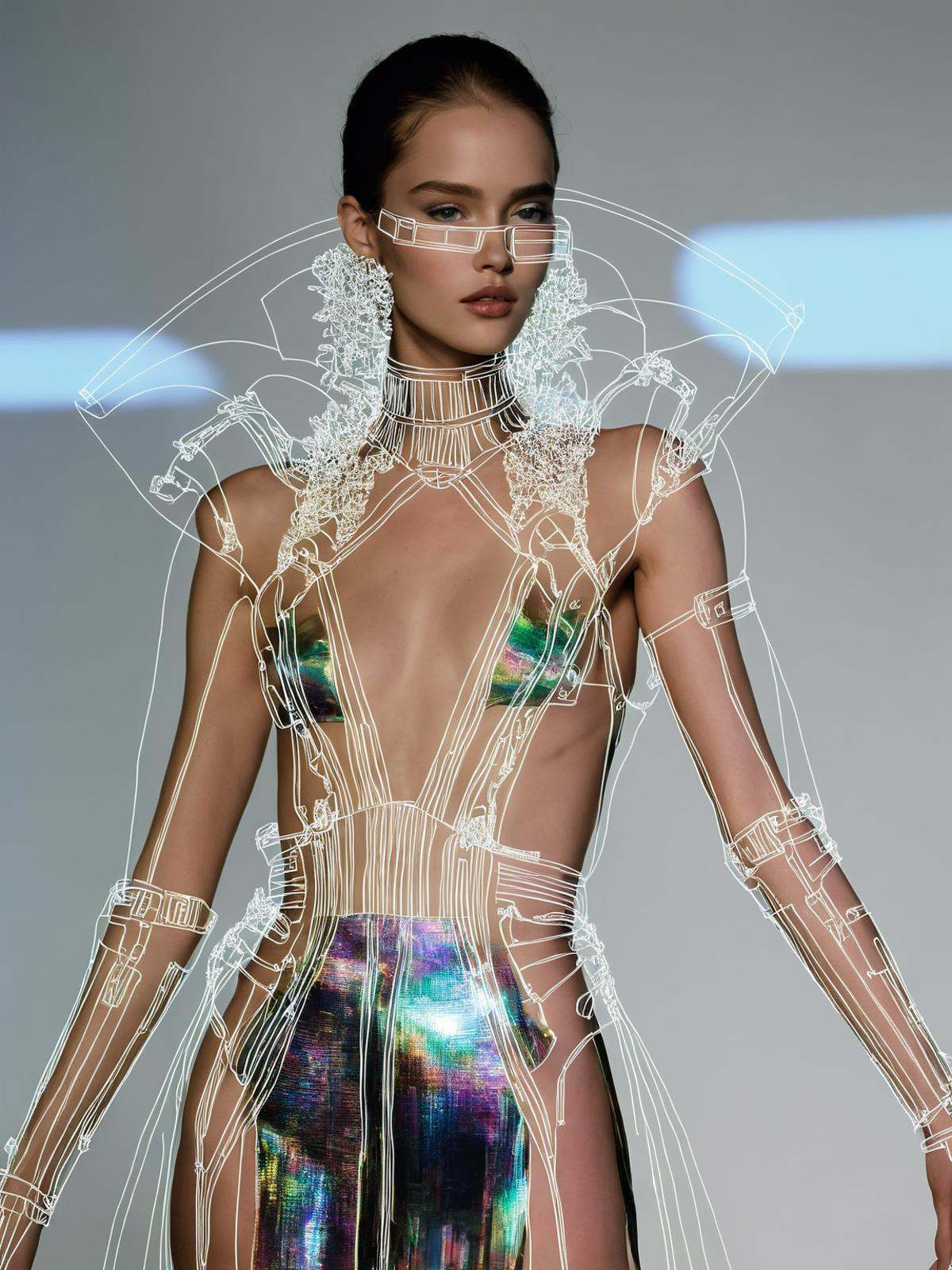 A cyber-couture revelation unfolds with a data-driven diva adorned in holographic haute couture,  her glitched elegance a...