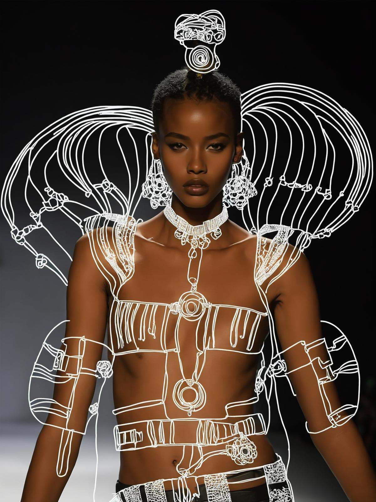 A futuristic fashion runway featuring Afrofuturist designs,  models adorned with luminescent accessories and garments that...