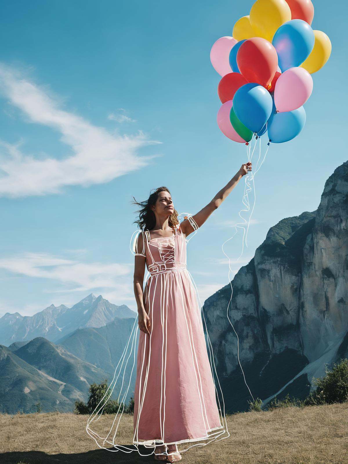 a woman in a dress standing in front of a mountain with balloons and a sky background on Tensor.Art