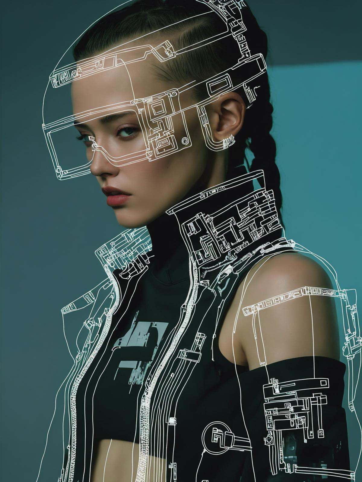 A cyberpunk icon dons a tech-woven ensemble,  embodying the essence of digital futurism,  her every move a glitched sympho...