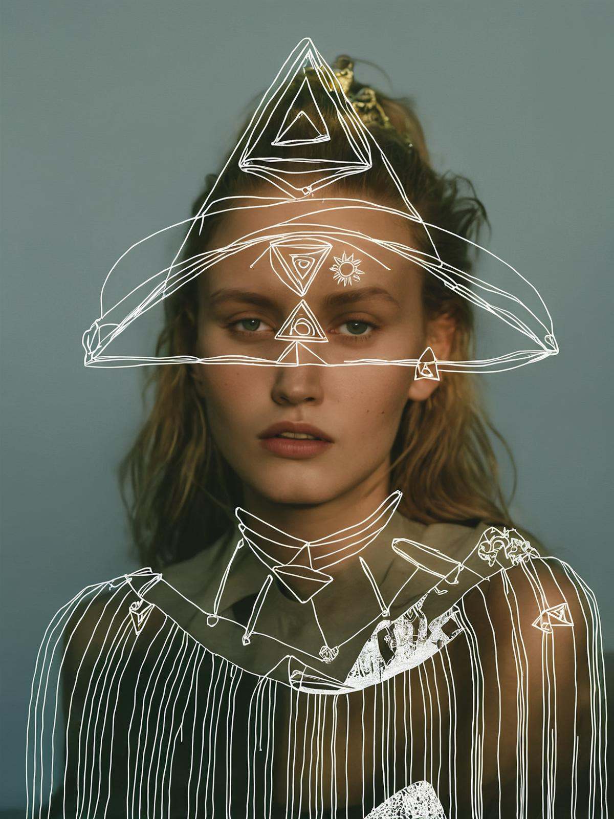 a woman with a triangle and a sun in her face with a diamond on her head on Tensor.Art