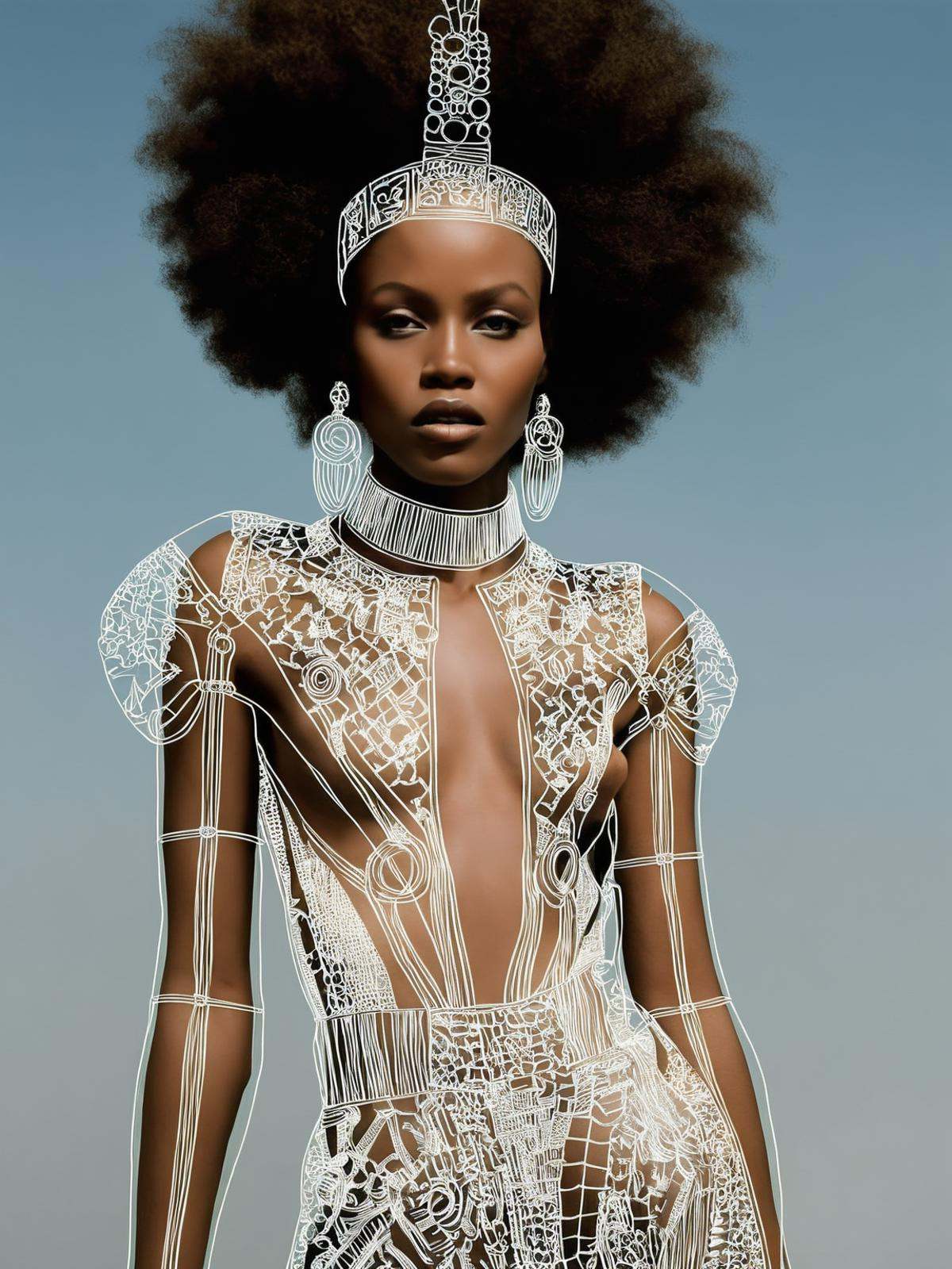 An Afrofuturist fashion icon,  adorned in a metallic silver jumpsuit with intricate African beadwork patterns,  redefining...