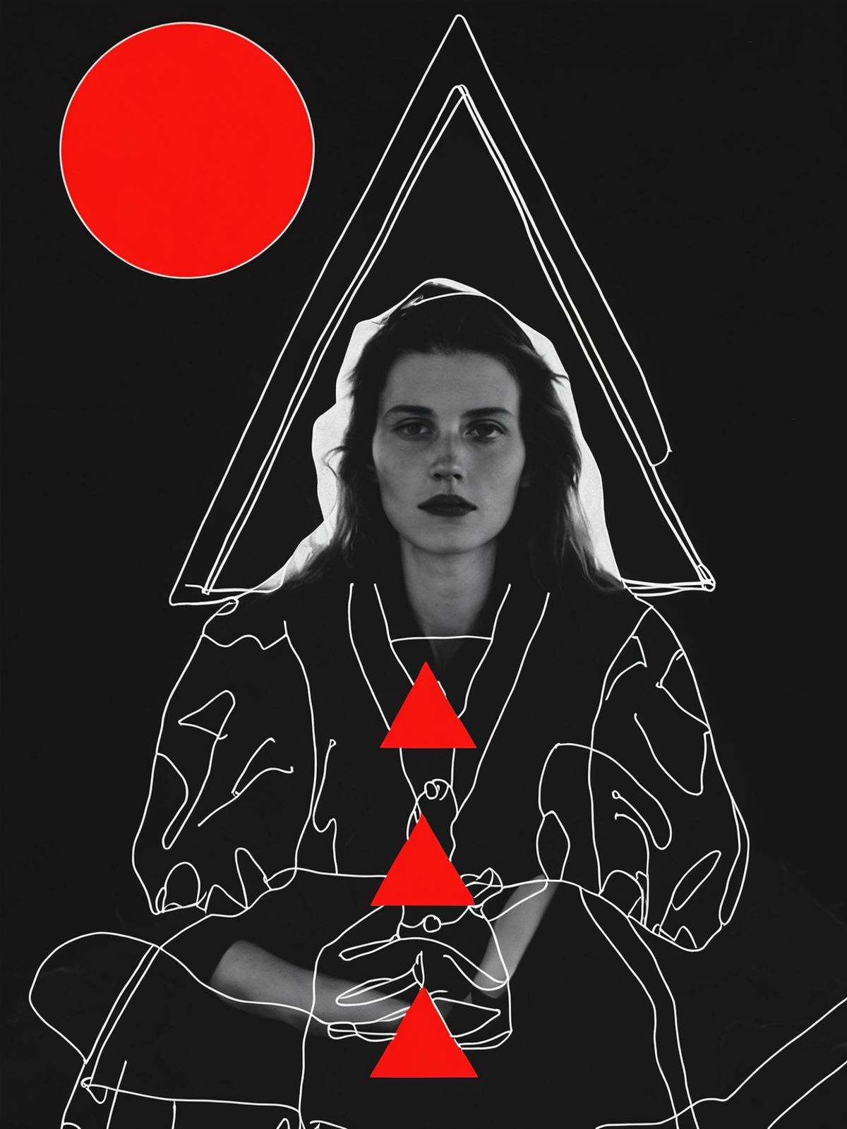 a woman with a triangle and a sun in the background with a black triangle and a red circle on Tensor.Art