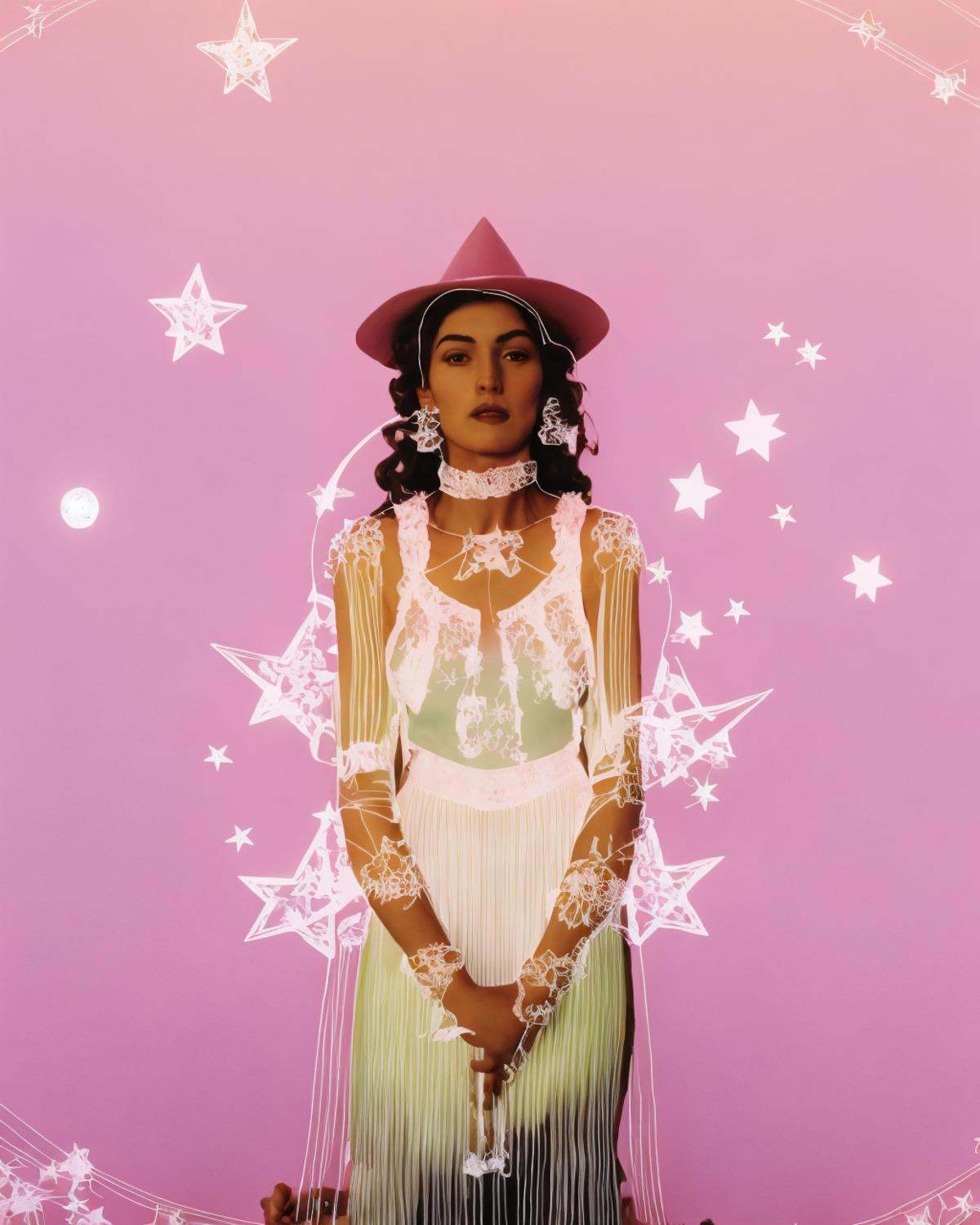 a woman holding a cake in front of a pink background with a star and moon,  ,  lines_clothes on Tensor.Art