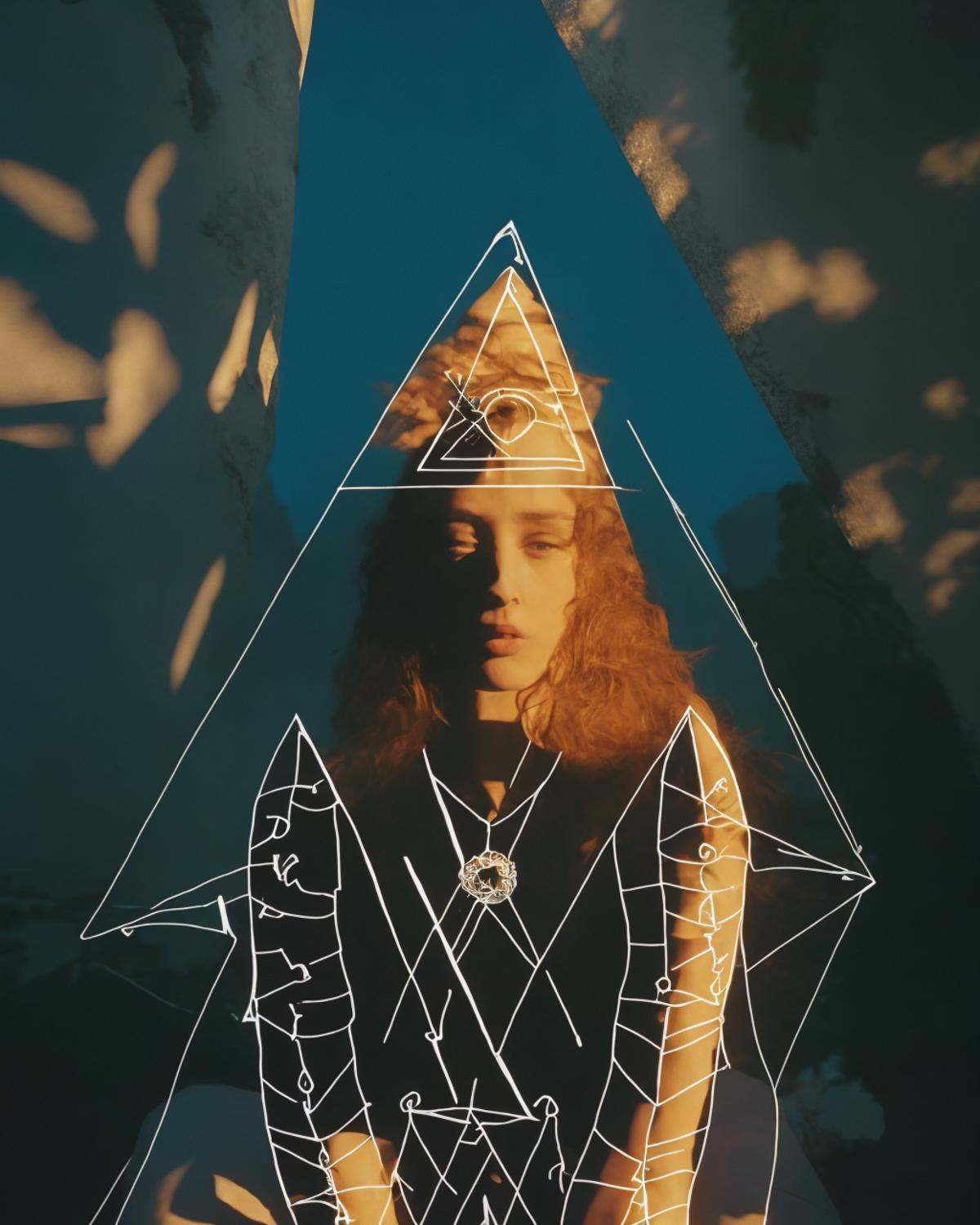 a woman with a triangle and a sun in her face with a diamond on her head,  ,  lines_clothes on Tensor.Art
