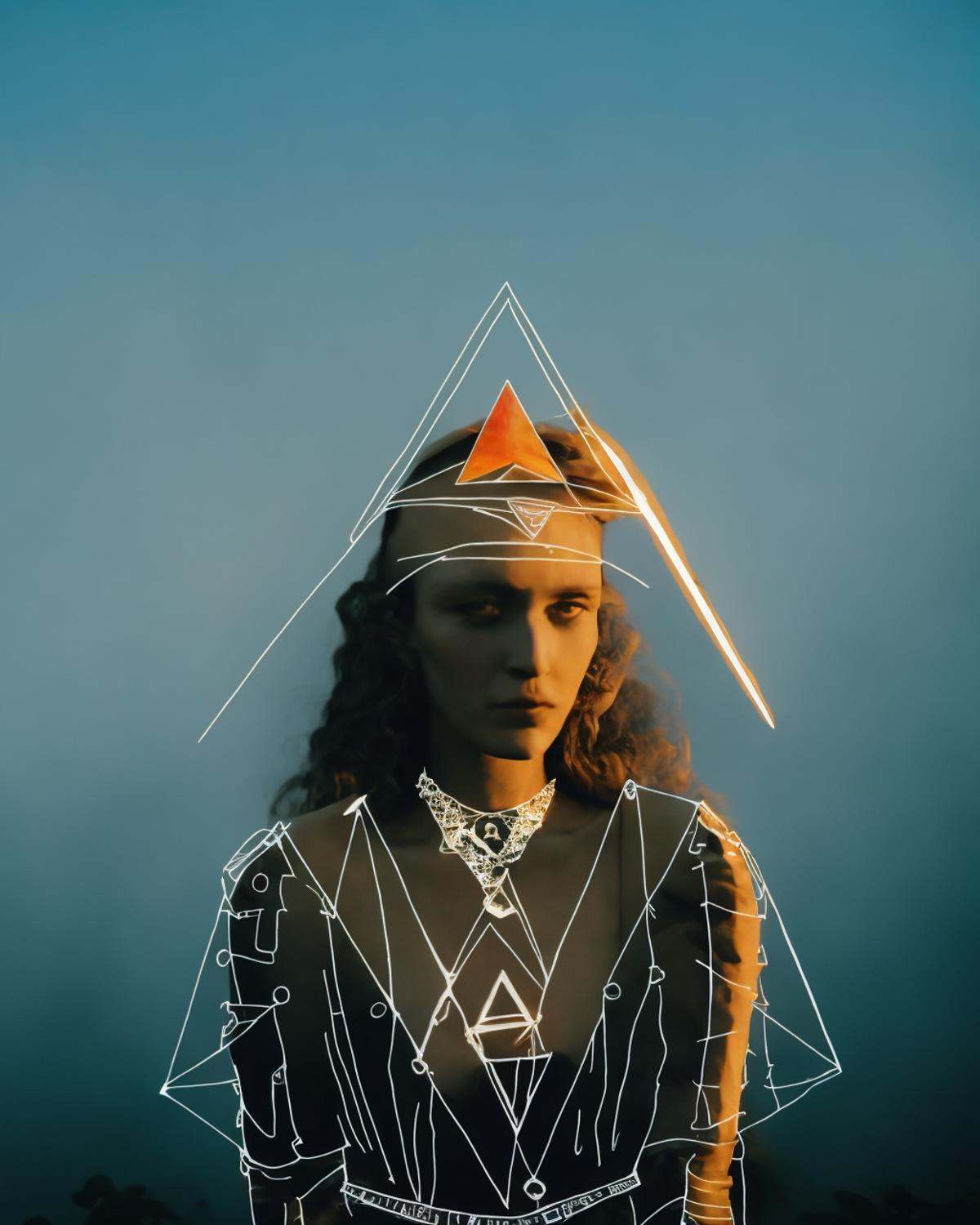 a woman with a triangle and a sun in her face with a diamond on her head,  ,  lines_clothes on Tensor.Art