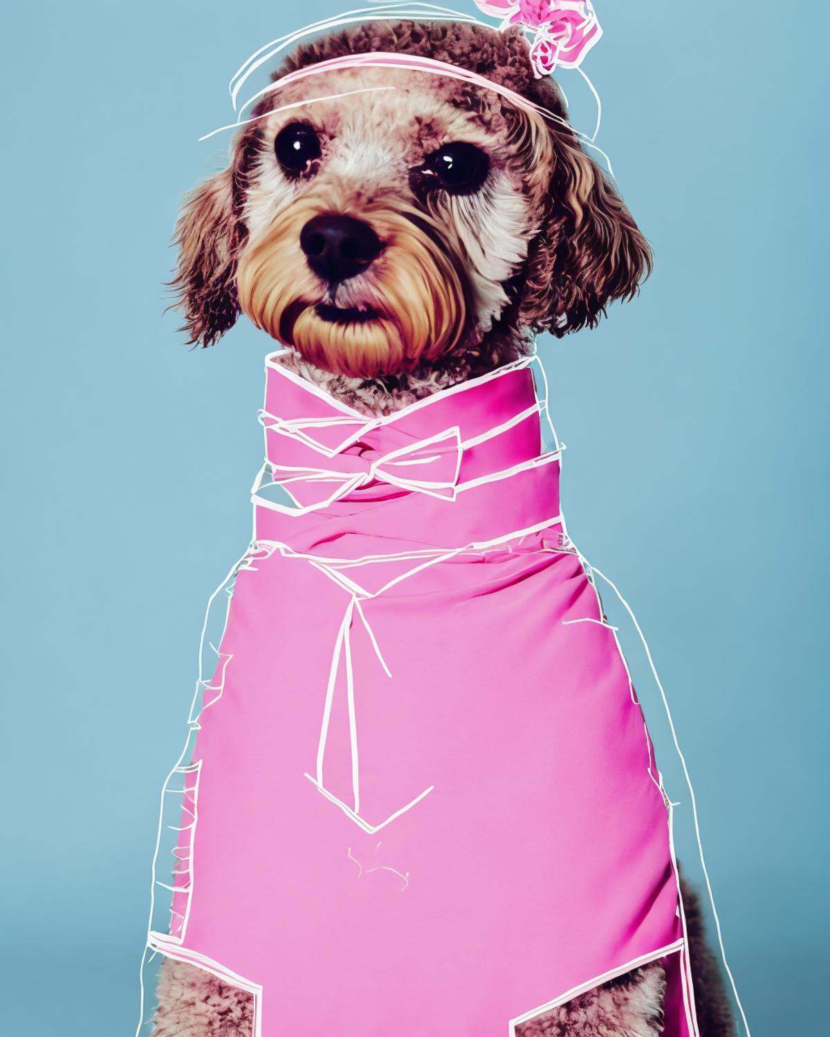 a dog wearing a pink suit and a pink tie with a pink collar and a pink collared shirt with a pink collar and a pink tie ,...