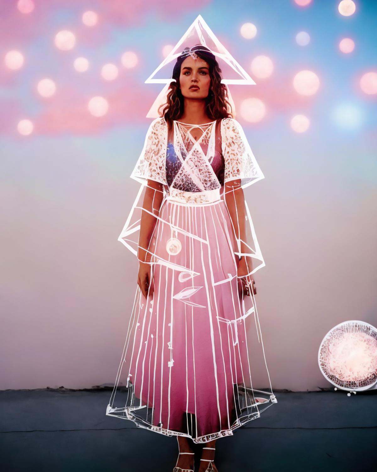a woman in a pink dress with a triangle over her head and planets in the background,  ,  lines_clothes on Tensor.Art