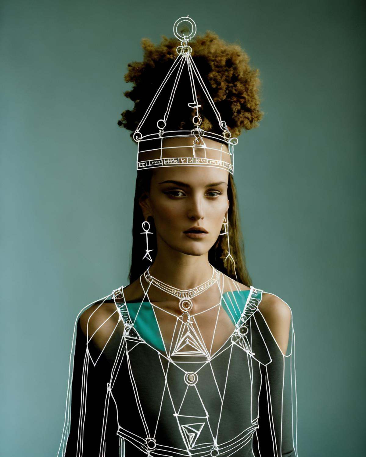 a woman with a geometric headpiece on her head and a necklace on her neck,  ,  lines_clothes on Tensor.Art