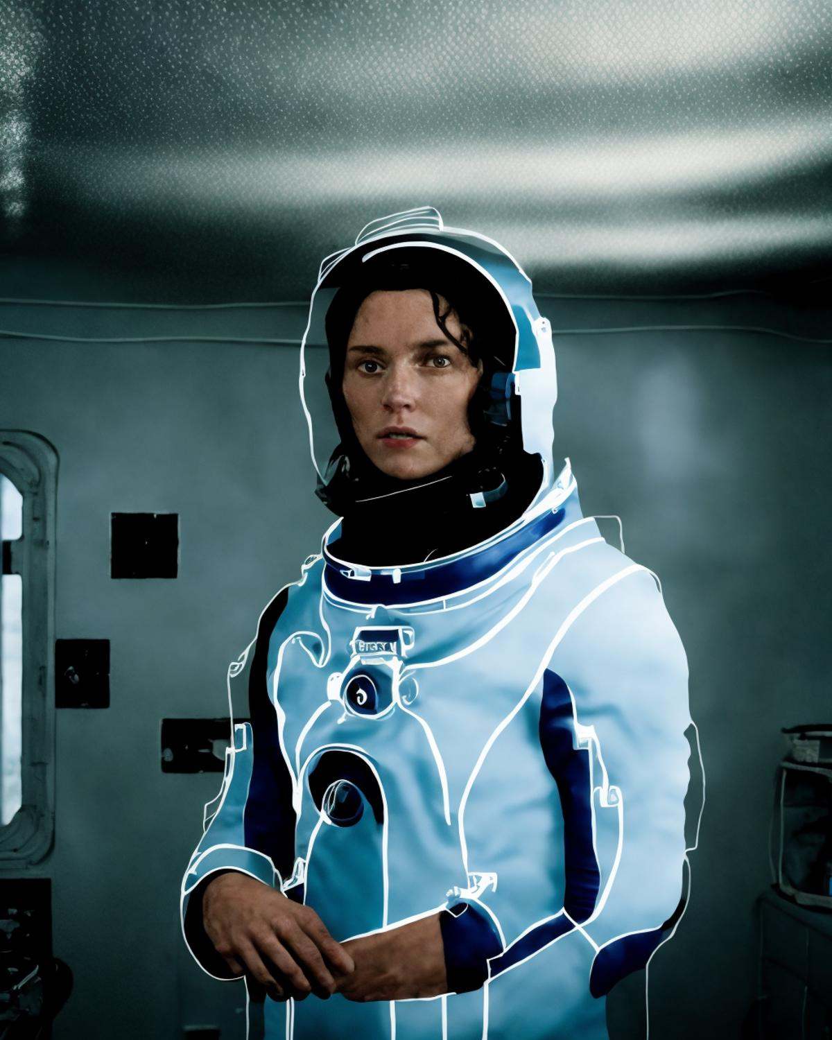 The astronaut:1.2 fixes a leaky roof:1.1,  the raindrops echoing like celestial pings:1.15,  their repairs a shield agains...