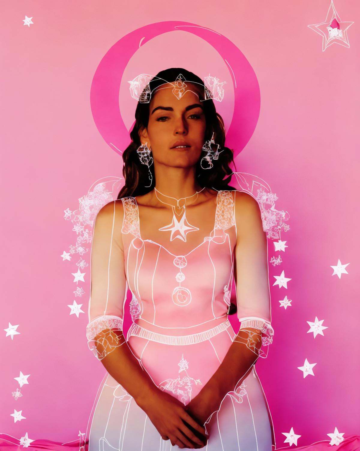 a woman holding a cake in front of a pink background with a star and moon,  ,  lines_clothes on Tensor.Art