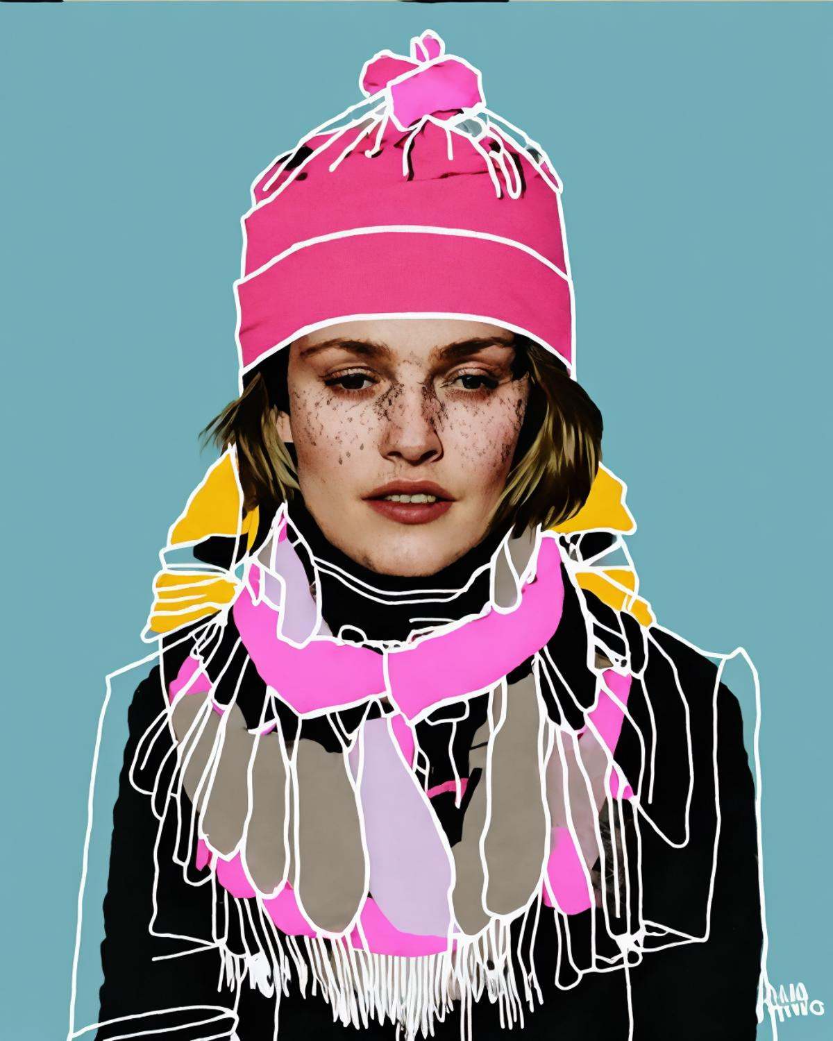a bird with a hat and a scarf on it's head and a pink scarf around its neck and neck and a pink scarf around its neck ,  l...