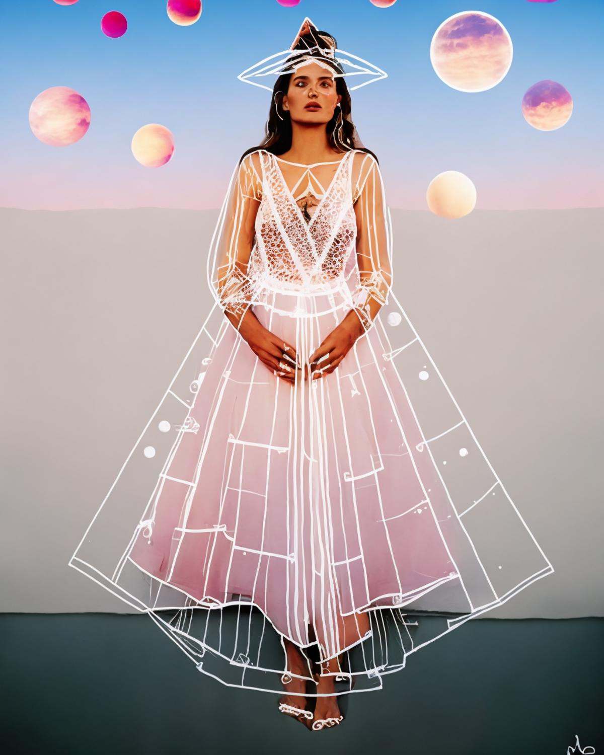 a woman in a pink dress with a triangle over her head and planets in the background,  ,  lines_clothes on Tensor.Art