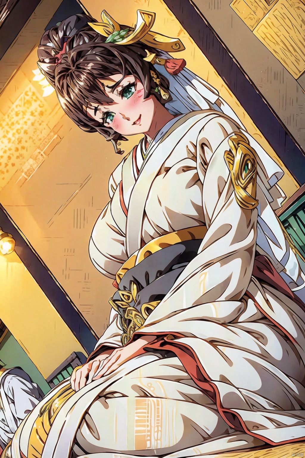 1girl breasts blush smile open mouth brown hair jewelry sitting green eyes japanese clothes indoors kimono huge breasts ring seiza mature female wedding ring uchikake
