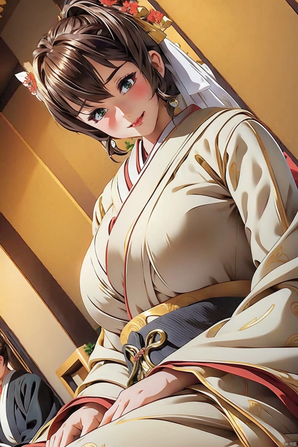 1girl breasts blush smile open mouth brown hair jewelry sitting green eyes japanese clothes indoors kimono huge breasts ring seiza mature female wedding ring uchikake
