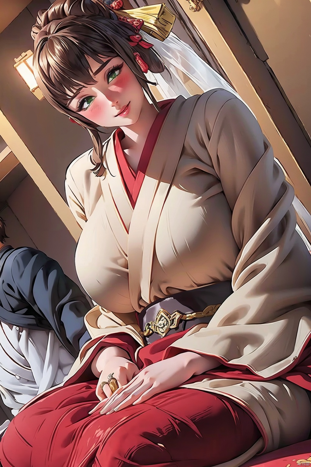 1girl breasts blush smile open mouth brown hair jewelry sitting green eyes japanese clothes indoors kimono huge breasts ring seiza mature female wedding ring uchikake
