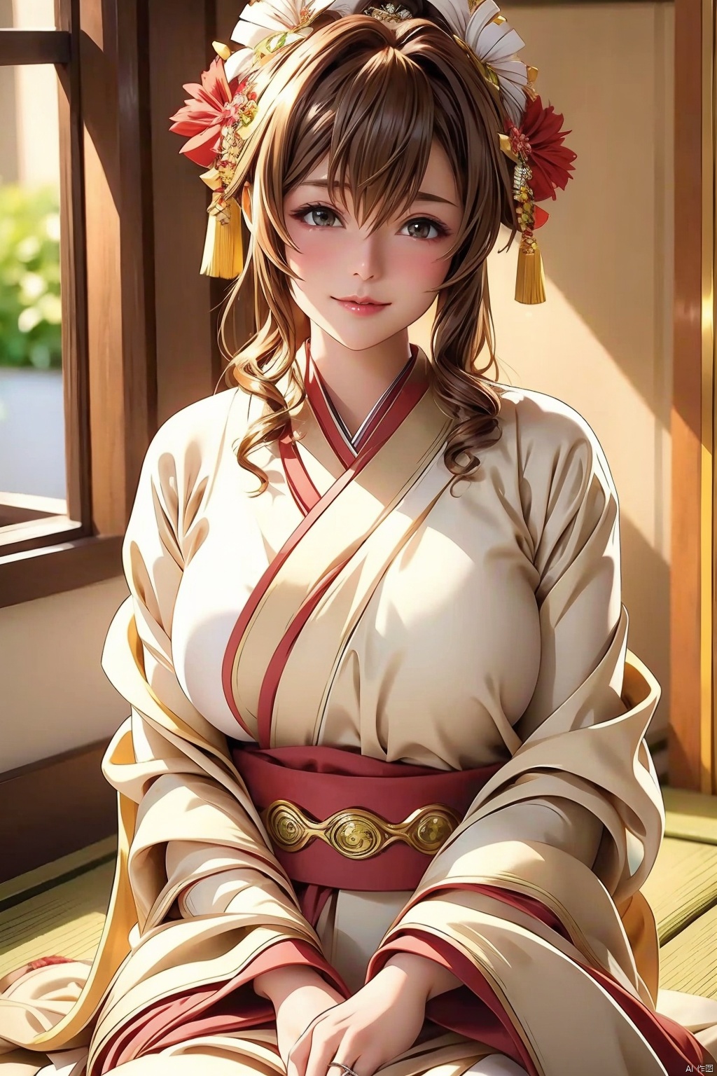 1girl breasts blush smile open mouth brown hair jewelry sitting green eyes japanese clothes indoors kimono huge breasts ring seiza mature female wedding ring uchikake
