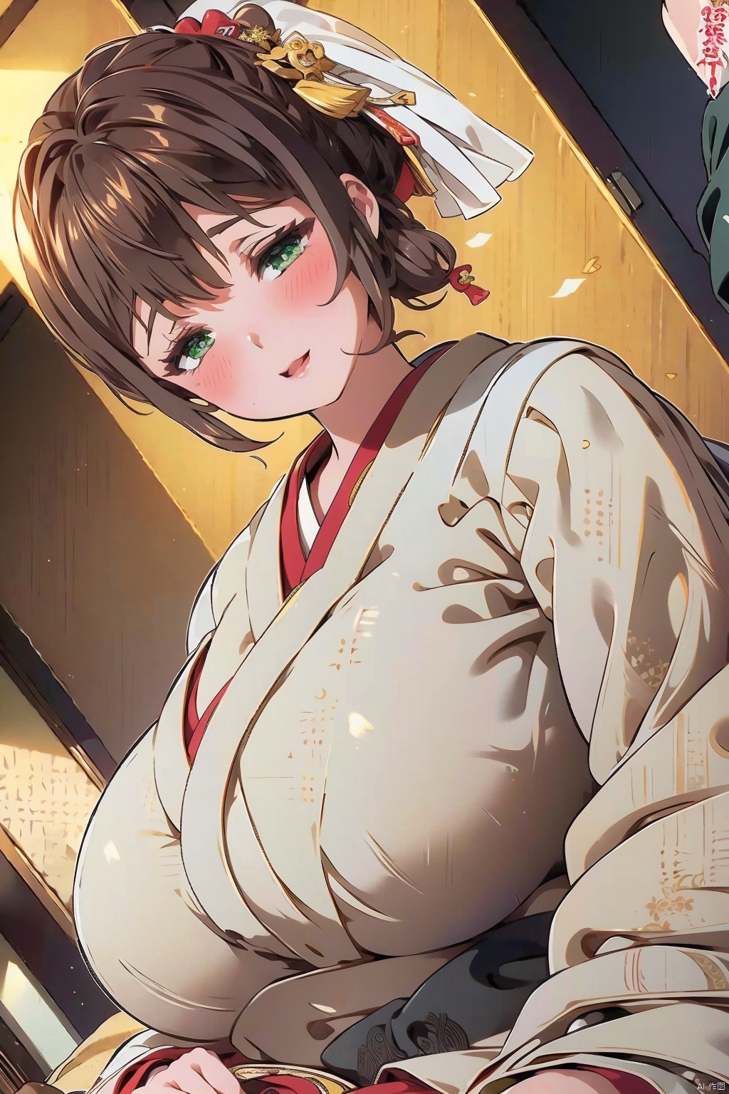 1girl breasts blush smile open mouth brown hair jewelry sitting green eyes japanese clothes indoors kimono huge breasts ring seiza mature female wedding ring uchikake
