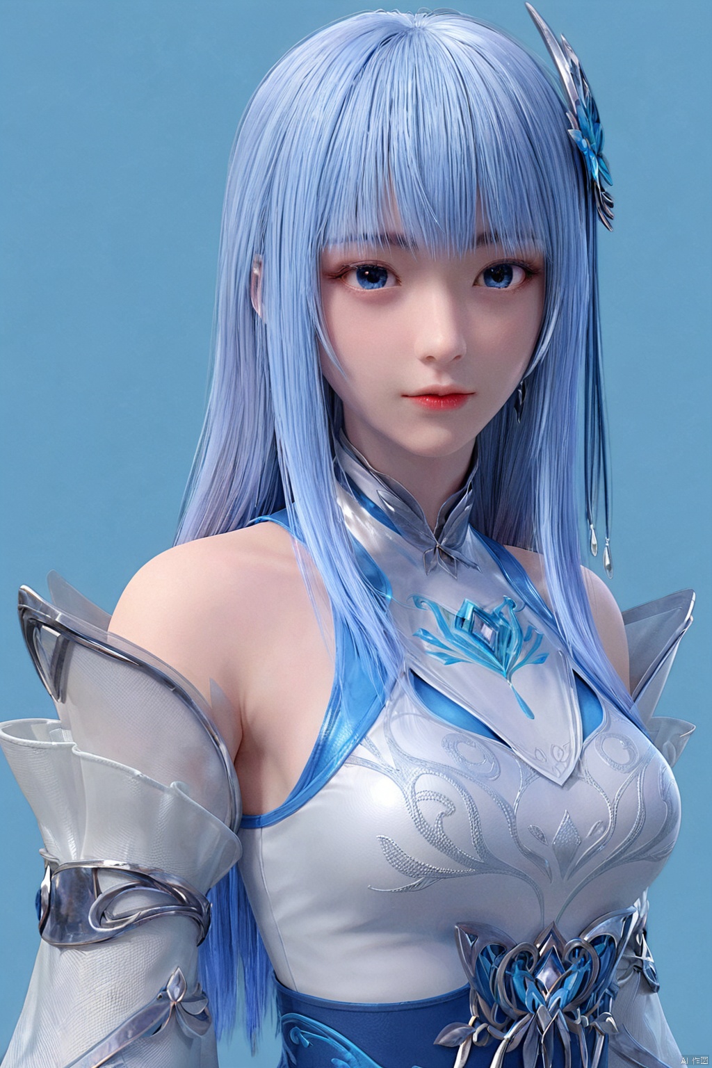 score_9,score_8_up,1girl, solo, long hair, bangs, blue eyes, simple background, hair ornament, blue hair, upper body, detached sleeves, blue background,XiaoDie