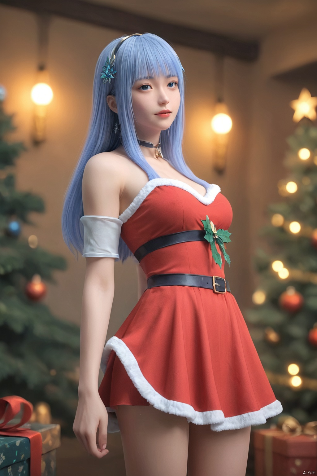score_9,score_8_up,1girl, solo,medium breasts, blue eyes, blue hair,hair_bands, hair ornament, (santa_costume:1.3),christmas tree ,standing,,XiaoDie,